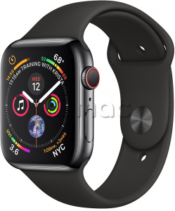 Купить Apple Watch Series 4 // 44мм GPS + Cellular // Корпус из нержавеющей стали цвета "чёрный космос", спортивный ремешок чёрного цвета (MTV52)