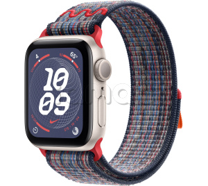Купить Apple Watch SE // 40мм GPS // Корпус из алюминия цвета «сияющая звезда», спортивный браслет Nike цвета «Синий/красный» (2024)