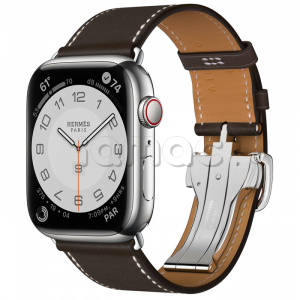 Купить Apple Watch Series 7 Hermès // 45мм GPS + Cellular // Корпус из нержавеющей стали серебристого цвета, ремешок Single Tour цвета Ébène с раскладывающейся застёжкой (Deployment Buckle)