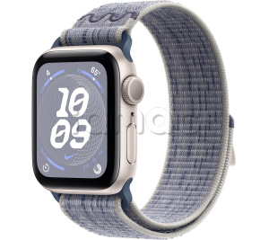 Купить Apple Watch SE // 40мм GPS // Корпус из алюминия цвета «сияющая звезда», спортивный браслет Nike цвета «Серый/синий» (2024)