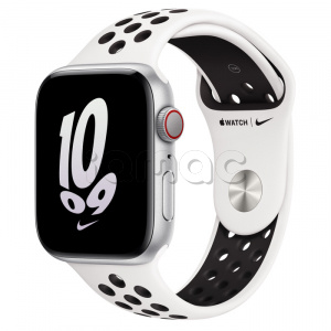 Купить Apple Watch SE // 44мм GPS + Cellular // Корпус из алюминия серебристого цвета, спортивный ремешок Nike цвета «Чистая платина/чёрный» (2022)