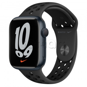 Купить Apple Watch Series 7 // 45мм GPS // Корпус из алюминия цвета «тёмная ночь», спортивный ремешок Nike цвета «антрацитовый/чёрный»