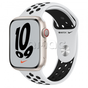 Купить Apple Watch Series 7 // 45мм GPS + Cellular // Корпус из алюминия цвета «сияющая звезда», спортивный ремешок Nike цвета «чистая платина/чёрный»