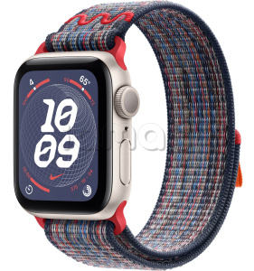 Купить Apple Watch SE // 44мм GPS // Корпус из алюминия цвета «сияющая звезда», спортивный браслет Nike цвета «Синий/красный» (2024)