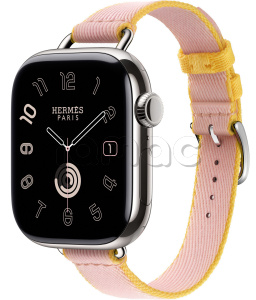 Купить Apple Watch Series 10 Hermès // 42мм GPS+Cellular // Корпус из титана серебристого цвета, ремешок Twill Jump Attelage Single Tour цвета Rose Sakura/Jaune de Naples