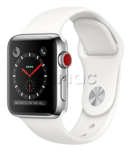 Купить Apple Watch Series 3 // 38мм GPS + Cellular // Корпус из нержавеющей стали, спортивный ремешок белого цвета (MQJV2)