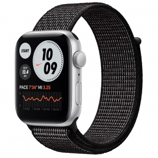 Apple Watch SE // 44мм GPS // Корпус из алюминия серебристого цвета, спортивный браслет Nike чёрного цвета (2020)
