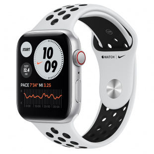 Apple Watch SE // 40мм GPS + Cellular // Корпус из алюминия серебристого цвета, спортивный ремешок Nike цвета «Чистая платина/чёрный» (2020)