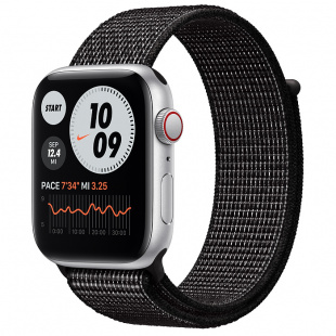 Apple Watch SE // 40мм GPS + Cellular // Корпус из алюминия серебристого цвета, спортивный браслет Nike чёрного цвета (2020)