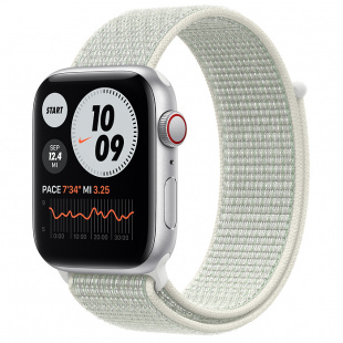 Apple Watch SE // 40мм GPS + Cellular // Корпус из алюминия серебристого цвета, спортивный браслет Nike цвета «Еловая дымка» (2020)