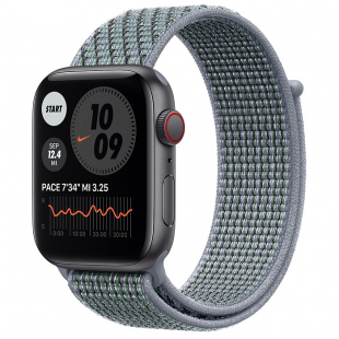 Apple Watch SE // 44мм GPS + Cellular // Корпус из алюминия цвета «серый космос», спортивный браслет Nike цвета «Дымчатый серый» (2020)