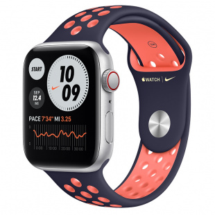 Apple Watch SE // 44мм GPS + Cellular // Корпус из алюминия серебристого цвета, спортивный ремешок Nike цвета «Полночный синий/манго» (2020)
